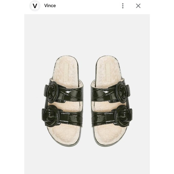 NWOT Vince Shearling Lined Croc-embossed Leather Sandals - Size 7 - Olive - Picture 1 of 5